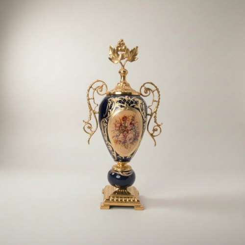 Rococo Cobalt Ceramic Brass Three-Piece Garniture Set Floral Cartouche Swag Bow Centrepiece Gold Detail | Brass & Wood