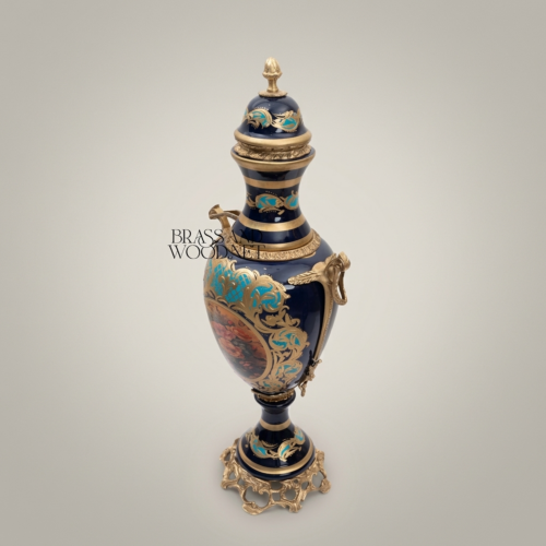 Rococo Cobalt Ceramic Lidded Urn Vase with Brass Mounts and Hand-Painted Floral Cartouche Antique Gold Front | Brass & Wood