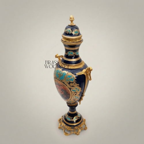 Rococo Cobalt Ceramic Lidded Urn Vase with Brass Mounts and Hand-Painted Floral Cartouche Gold Front | Brass & Wood