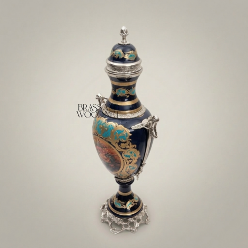 Rococo Cobalt Ceramic Lidded Urn Vase with Brass Mounts and Hand-Painted Floral Cartouche Silver Front | Brass & Wood
