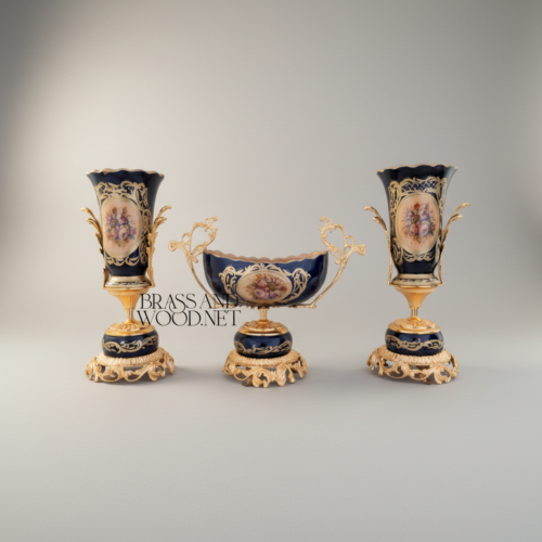 Rococo Cobalt Porcelain & Brass 3-Piece Garniture Set with Hand-Painted Floral Medallions