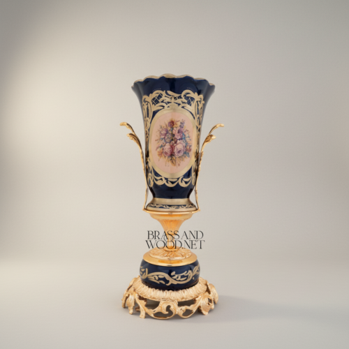Rococo Cobalt Porcelain & Brass 3-Piece Garniture Set with Hand-Painted Floral Medallions