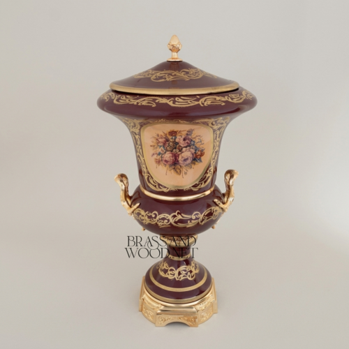 Rococo Covered Campana Urn Vase Wine Ceramic Brass Acanthus Scrollwork Hand-Painted Floral Medallion Brass and Wood Gold Front | Brass & Wood