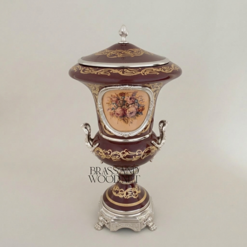 Rococo Covered Campana Urn Vase Wine Ceramic Brass Acanthus Scrollwork Hand-Painted Floral Medallion Brass and Wood Silver Front | Brass & Wood