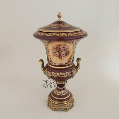 Rococo Covered Campana Urn Vase Wine Ceramic Brass Acanthus Scrollwork Hand-Painted Floral Medallion Brass and Wood Antique Gold Front | Brass & Wood