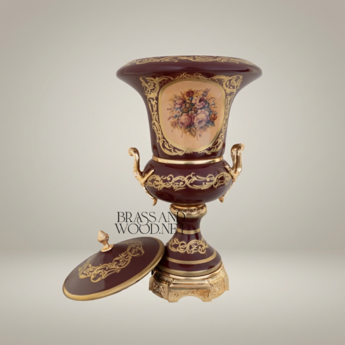 Rococo Covered Campana Urn Vase Wine Ceramic Brass Acanthus Scrollwork Hand-Painted Floral Medallion Brass and Wood Gold Front | Brass & Wood