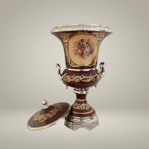 Rococo Covered Campana Urn Vase Wine Ceramic Brass Acanthus Scrollwork Hand-Painted Floral Medallion Brass and Wood Silver Front | Brass & Wood