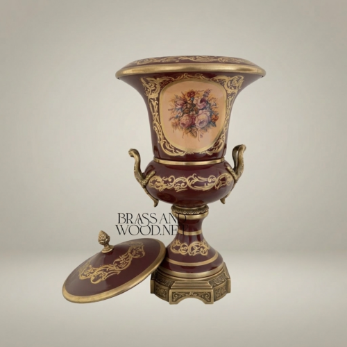 Rococo Covered Campana Urn Vase Wine Ceramic Brass Acanthus Scrollwork Hand-Painted Floral Medallion Brass and Wood Antique Gold Front | Brass & Wood
