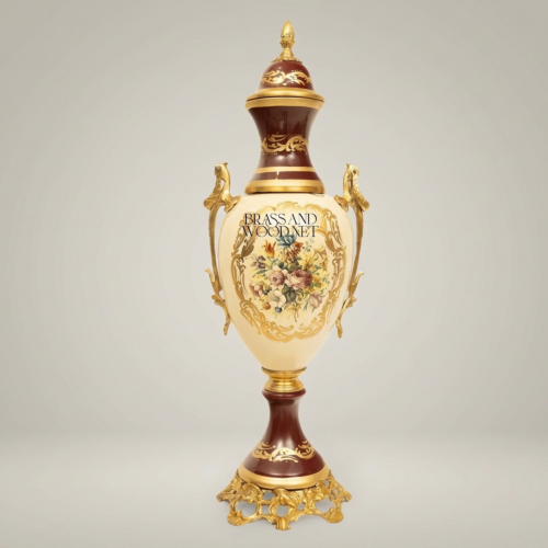 Rococo Covered Ceramic Urn Vase Hand-Painted Floral Cartouche Wine Red Gilt Brass Dragon Handles Brass and Wood Gold Front | Brass & Wood