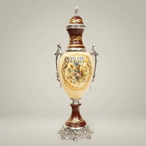 Rococo Covered Ceramic Urn Vase Hand-Painted Floral Cartouche Wine Red Gilt Brass Dragon Handles Brass and Wood Silver Front | Brass & Wood
