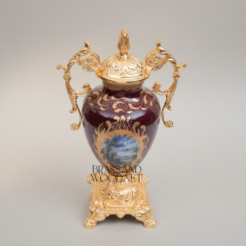 Rococo Covered Urn Vase Wine Ceramic Gilt Brass Mounts Hand-Painted Landscape Medallion Brass and Wood Gold Side | Brass & Wood