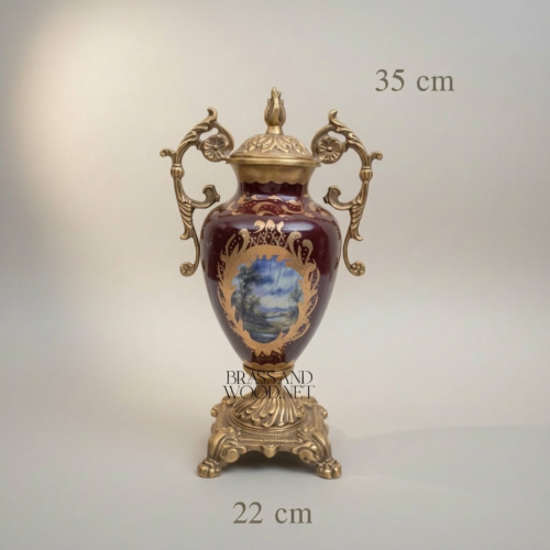 Rococo Covered Urn Vase Wine Ceramic Gilt Brass Mounts Hand-Painted Landscape Medallion Brass and Wood Antique Gold Front | Brass & Wood