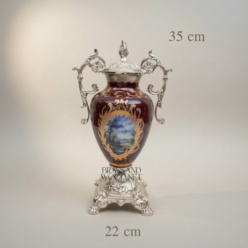 Rococo Covered Urn Vase Wine Ceramic Gilt Brass Mounts Hand-Painted Landscape Medallion Brass and Wood Silver Front | Brass & Wood