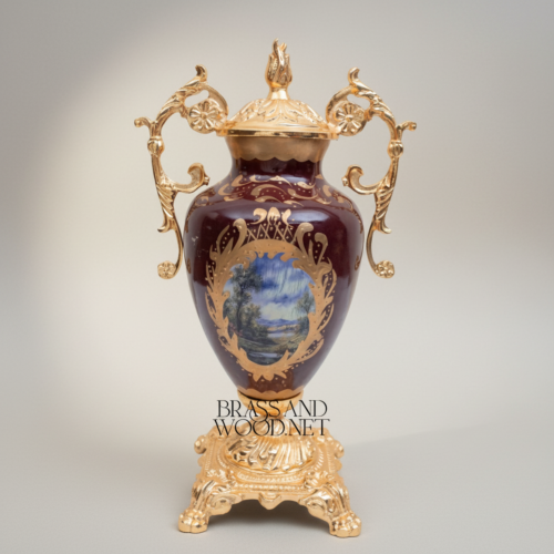 Rococo Covered Urn Vase Wine Ceramic Gilt Brass Mounts Hand-Painted Landscape Medallion Brass and Wood Gold Side | Brass & Wood