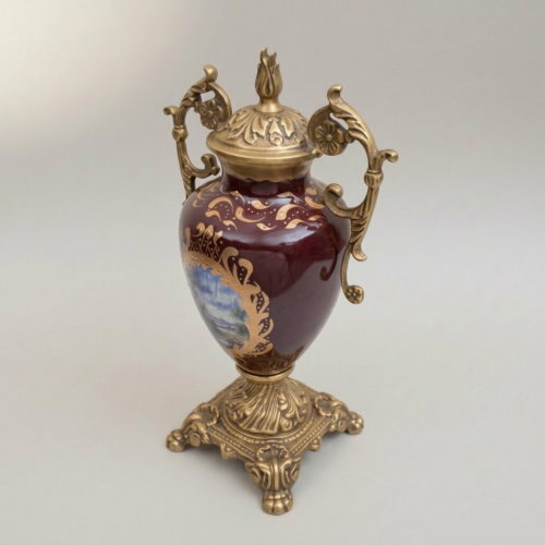 Rococo Covered Urn Vase Wine Ceramic Gilt Brass Mounts Hand-Painted Landscape Medallion Brass and Wood Antique Gold Front | Brass & Wood