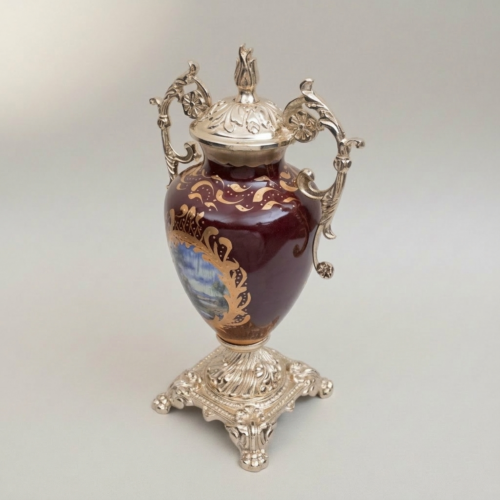 Rococo Covered Urn Vase Wine Ceramic Gilt Brass Mounts Hand-Painted Landscape Medallion Brass and Wood Silver Front | Brass & Wood