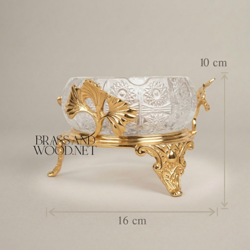 Rococo Cut Crystal Ashtray on Ornate Brass Stand with Acanthus Leaf Mounts Gold Side | Brass & Wood