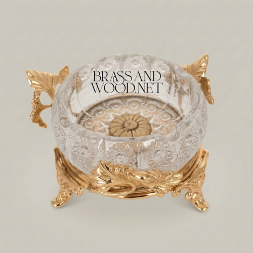 Rococo Cut Crystal Ashtray on Ornate Brass Stand with Acanthus Leaf Mounts Gold Side | Brass & Wood