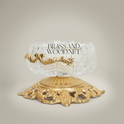 Rococo Handcrafted Crystal Ashtray Ornate Pierced Brass Pedestal Base Brass and Wood Gold Front | Brass & Wood