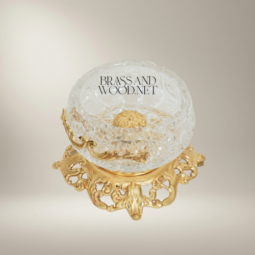 Rococo Handcrafted Crystal Ashtray Ornate Pierced Brass Pedestal Base Brass and Wood Gold Front | Brass & Wood