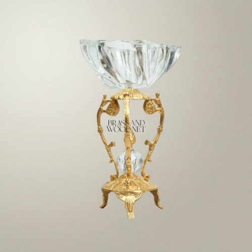 Rococo Crystal Bowl Ashtray on Handcrafted Ornate Brass Pedestal Stand Gold Front | Brass & Wood