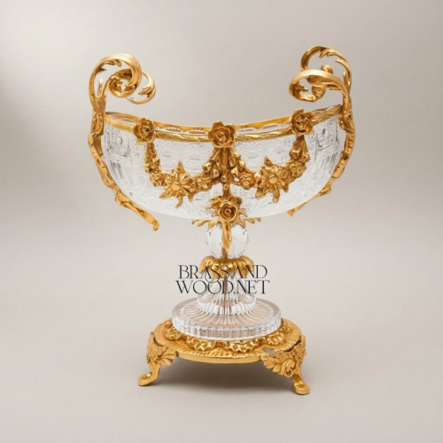 Rococo Crystal and Brass 3-Piece Garniture Set Floral Swag Centrepiece Flanking Vases Gold Front | Brass & Wood