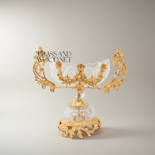 Rococo 3-Piece Crystal and Brass Garniture Set with Acanthus Scroll Mounts and Centerpiece Coupe Gold Back | Brass & Wood