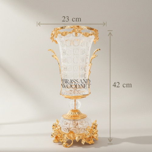 Rococo Crystal Brass 3-Piece Garniture Set Trumpet Vases Footed Centerpiece Bowl Brass and Wood Gold Front | Brass & Wood