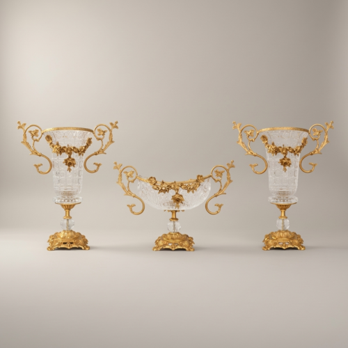 Rococo Crystal Brass 3-Piece Garniture Set Floral Scroll Vases and Centerpiece Bowl Gold Front | Brass & Wood