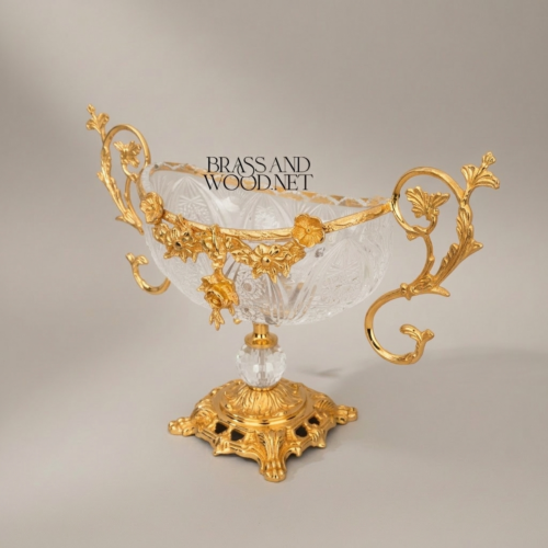 Rococo Crystal Brass 3-Piece Garniture Set Floral Scroll Vases and Centerpiece Bowl Gold Front | Brass & Wood