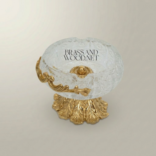 Rococo Crystal Bowl Ashtray with Brass Acanthus Pedestal Base Ornate Classical Gold Front | Brass & Wood