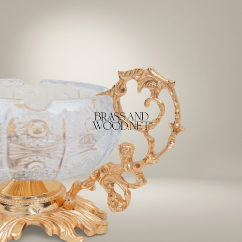 Rococo Crystal Brass Ashtray Floral Scroll Handles Ornate Base Brass and Wood Gold Side | Brass & Wood