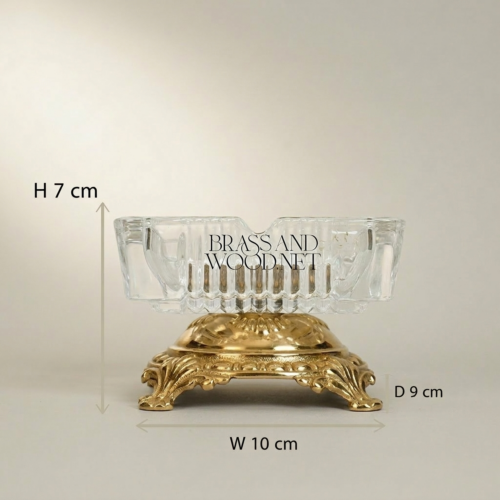 Rococo Crystal and Brass Ashtray Ornate Scrollwork Base Handcrafted Gold Side | Brass & Wood