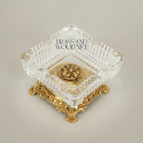 Rococo Crystal and Brass Ashtray Ornate Scrollwork Base Handcrafted Gold Side | Brass & Wood