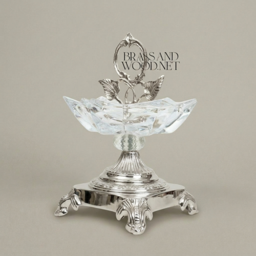 Rococo Crystal Brass Candy Dish Ornate Leaf Handle Paw Feet Stand Silver Front | Brass & Wood