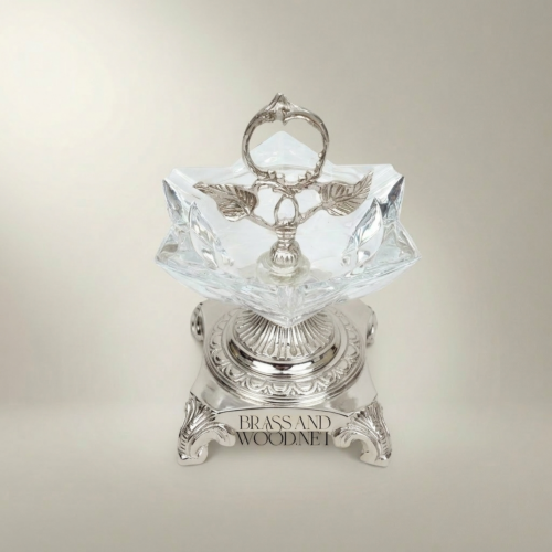 Rococo Crystal Brass Candy Dish Ornate Leaf Handle Paw Feet Stand Silver Front | Brass & Wood