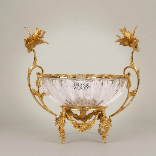 Rococo Handcrafted Crystal Bowl Ornate Brass Floral Branch Handles Classical Centerpiece Gold Front | Brass & Wood