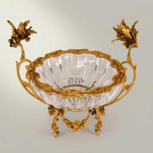 Rococo Handcrafted Crystal Bowl Ornate Brass Floral Branch Handles Classical Centerpiece Gold Front | Brass & Wood