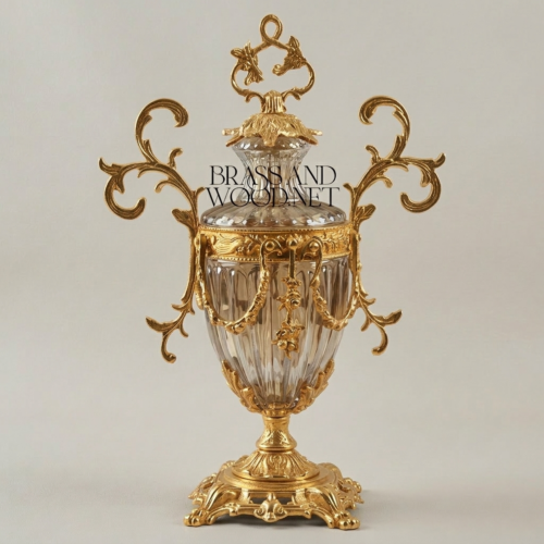 Rococo Lidded Crystal Brass Urn Vase Scrolled Acanthus Handles Ornate Gilded Gold Front | Brass & Wood