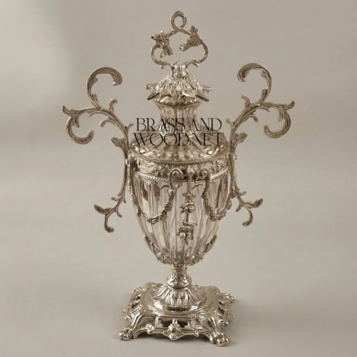 Rococo Lidded Crystal Brass Urn Vase Scrolled Acanthus Handles Ornate Gilded Silver Front | Brass & Wood