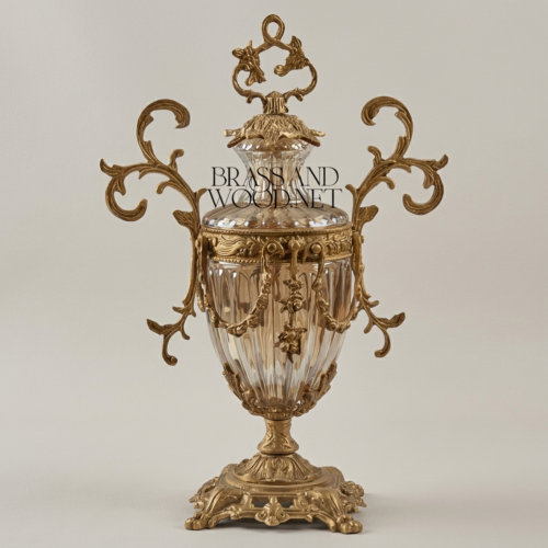 Rococo Lidded Crystal Brass Urn Vase Scrolled Acanthus Handles Ornate Gilded Antique Gold Front | Brass & Wood