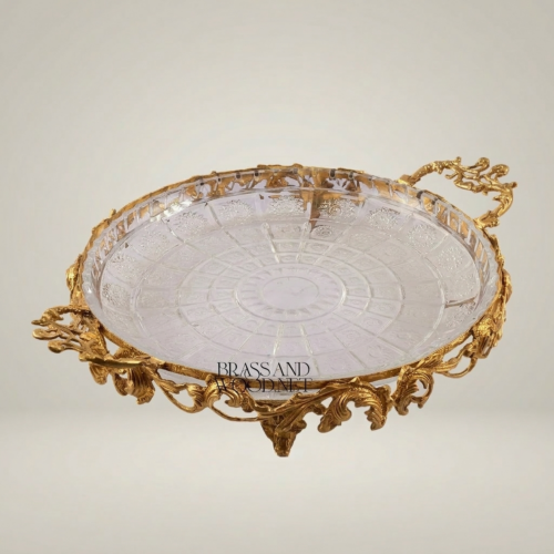 Rococo Crystal and Brass Ornate Round Serving Tray with Acanthus Footed Stand Gold Front | Brass & Wood