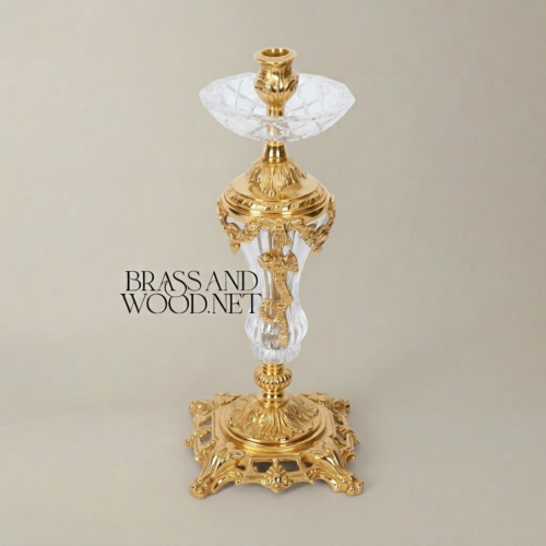 Rococo Crystal & Brass Single-Arm Candlestick with Acanthus Scrollwork Base