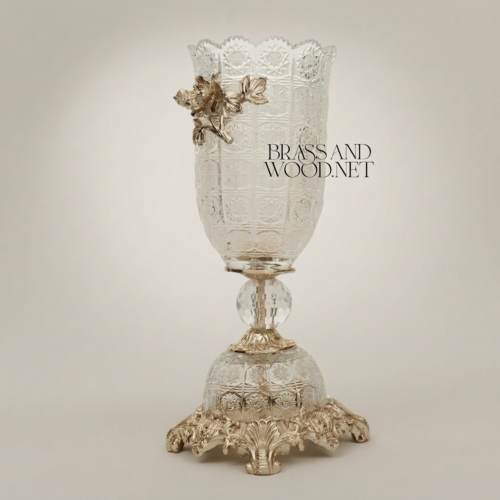 Rococo Crystal Chalice Vase with Brass Floral Appliqué on Ornate Pedestal Base - Brass and Wood Silver Front | Brass & Wood