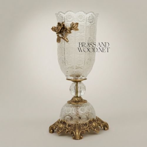 Rococo Crystal Chalice Vase with Brass Floral Appliqué on Ornate Pedestal Base - Brass and Wood Antique Gold Front | Brass & Wood