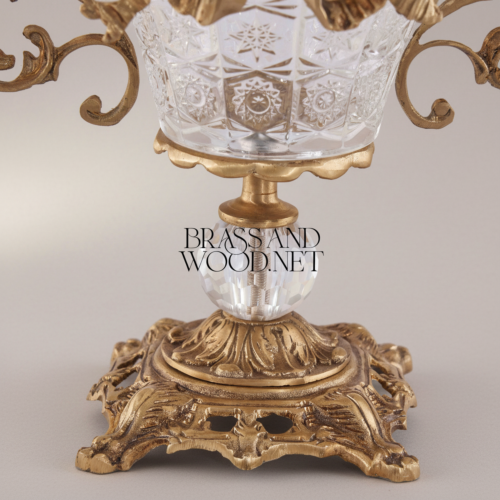 Rococo Lidded Crystal Bonbonniere with Ornate Acanthus Brass Frame and Crystal Finial Antique Detail | Brass & Wood