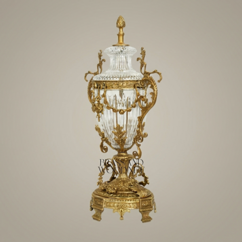 Rococo Lidded Crystal Trophy Vase Ornate Brass Scrollwork Acanthus Base Brass and Wood Antique Gold Back | Brass & Wood