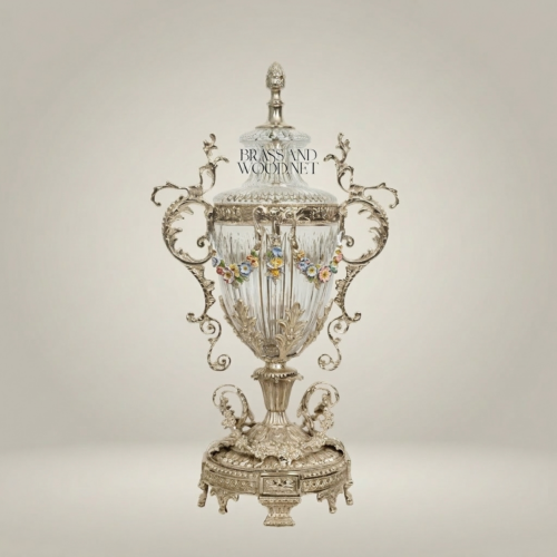 Rococo Lidded Crystal Trophy Vase Ornate Brass Scrollwork Acanthus Base Brass and Wood Silver Front | Brass & Wood