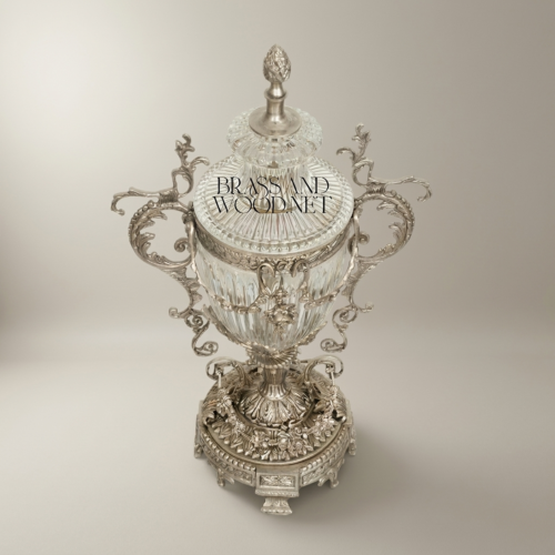 Rococo Lidded Crystal Trophy Vase Ornate Brass Scrollwork Acanthus Base Brass and Wood Silver Front | Brass & Wood