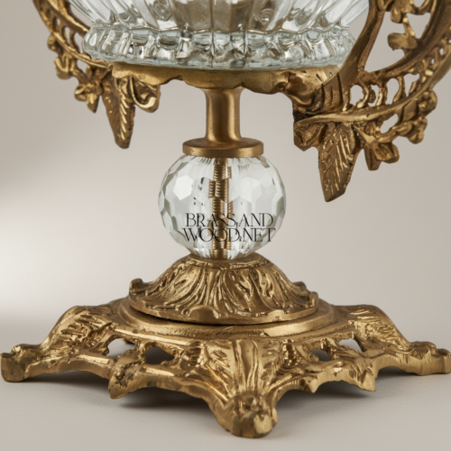 Rococo Lidded Crystal Urn Bonbonniere Pierced Brass Handles Faceted Crystal Stem Brass and Wood Antique Side | Brass & Wood
